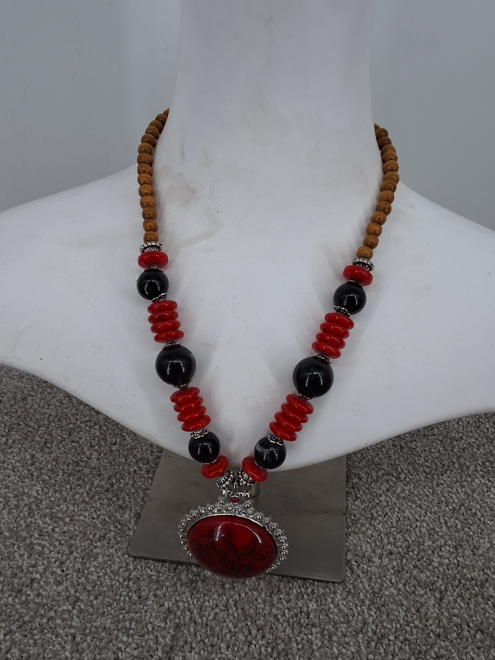 Red and Black Beaded Statement Necklace with Ornate Pendant